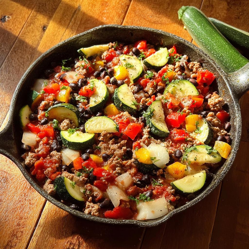 A close-up view of a Turkey & Veggie Zucchini Skillet in a cast iron pan, showcasing ground turkey, zucchini slices, black beans, and diced tomatoes.