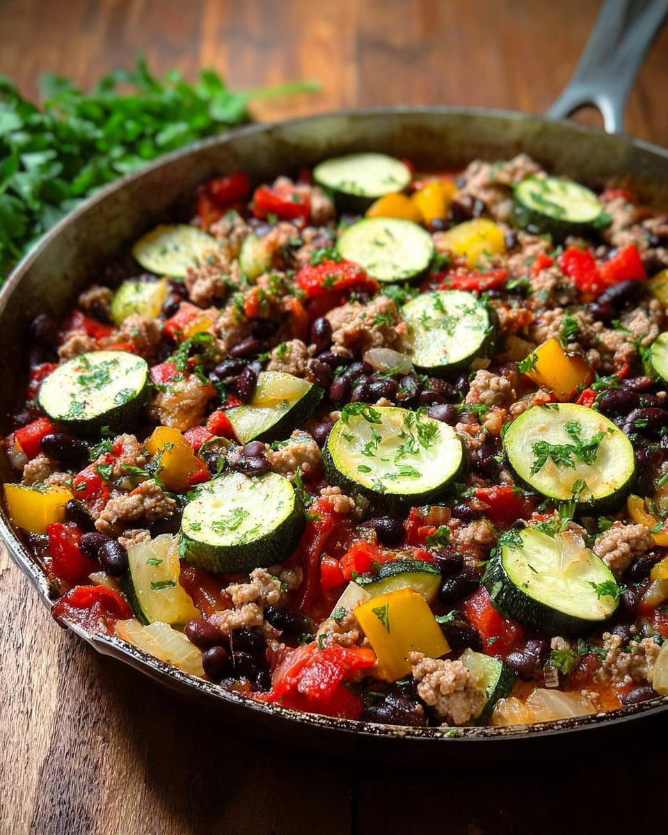 Close-up of a Turkey & Veggie Zucchini Skillet in a pan, featuring ground turkey, black beans, zucchini slices, bell peppers, and tomatoes.