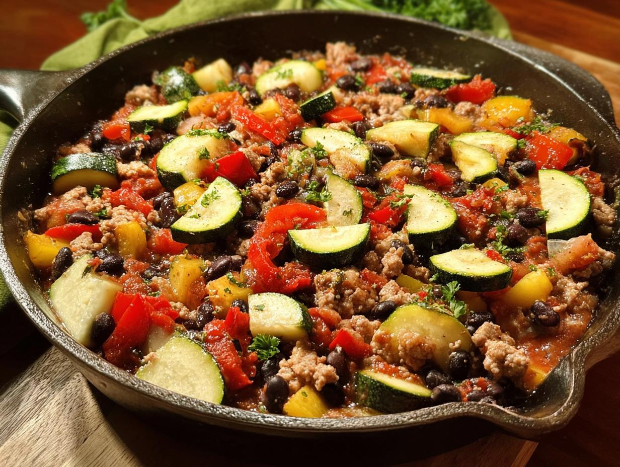 A close-up view of a cast-iron skillet filled with a colorful Turkey & Veggie Zucchini Skillet, featuring ground turkey, zucchini slices, black beans, and diced peppers.