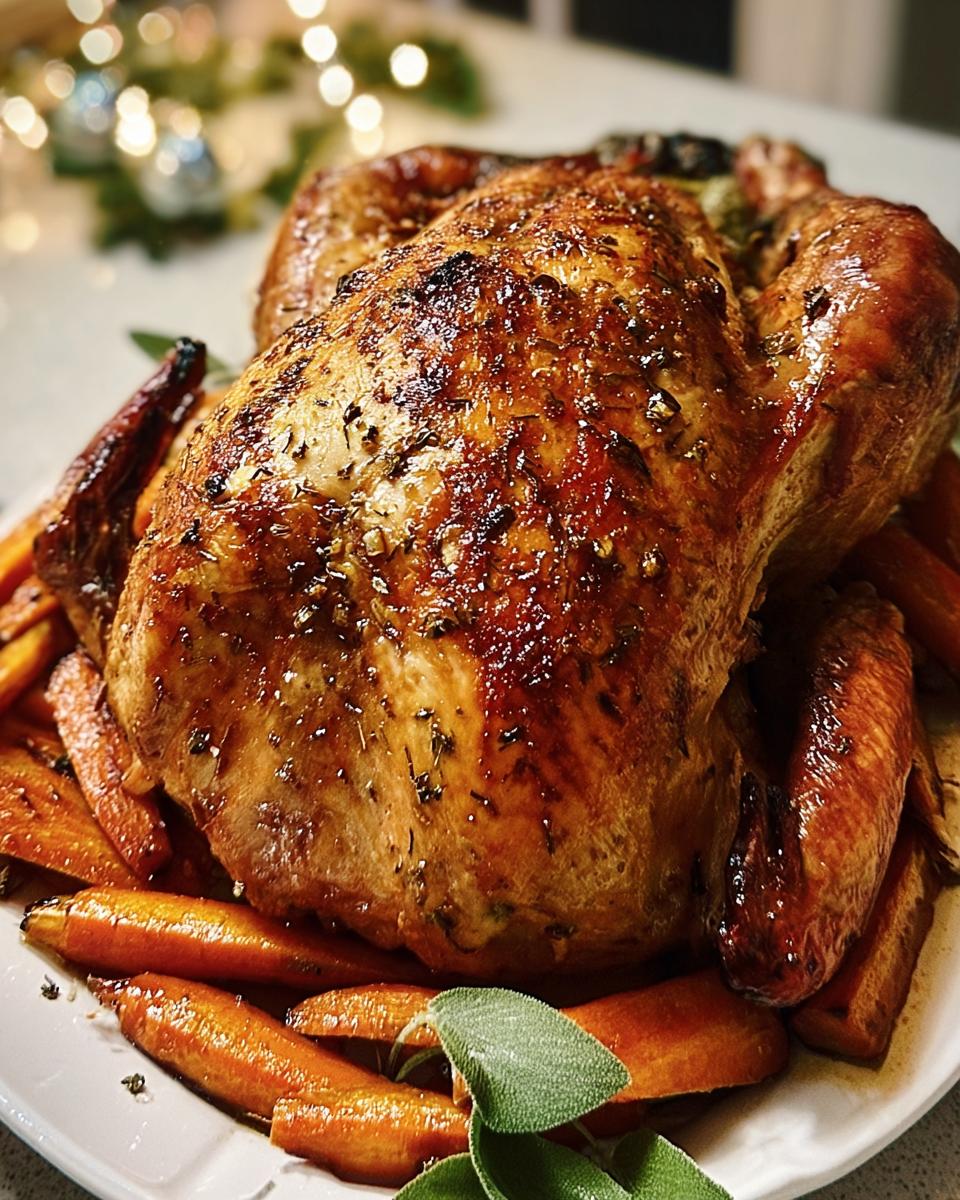 A golden-brown roasted chicken with herbs, served on a bed of roasted carrots. Part of Ultimate Dinner Ideas Guide.