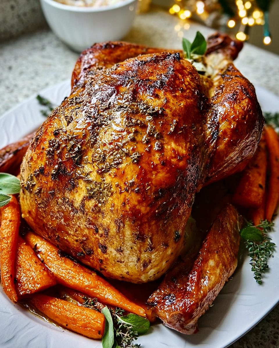 A perfectly roasted chicken with crispy skin, seasoned with herbs, served with glazed carrots as part of Ultimate Dinner Ideas.