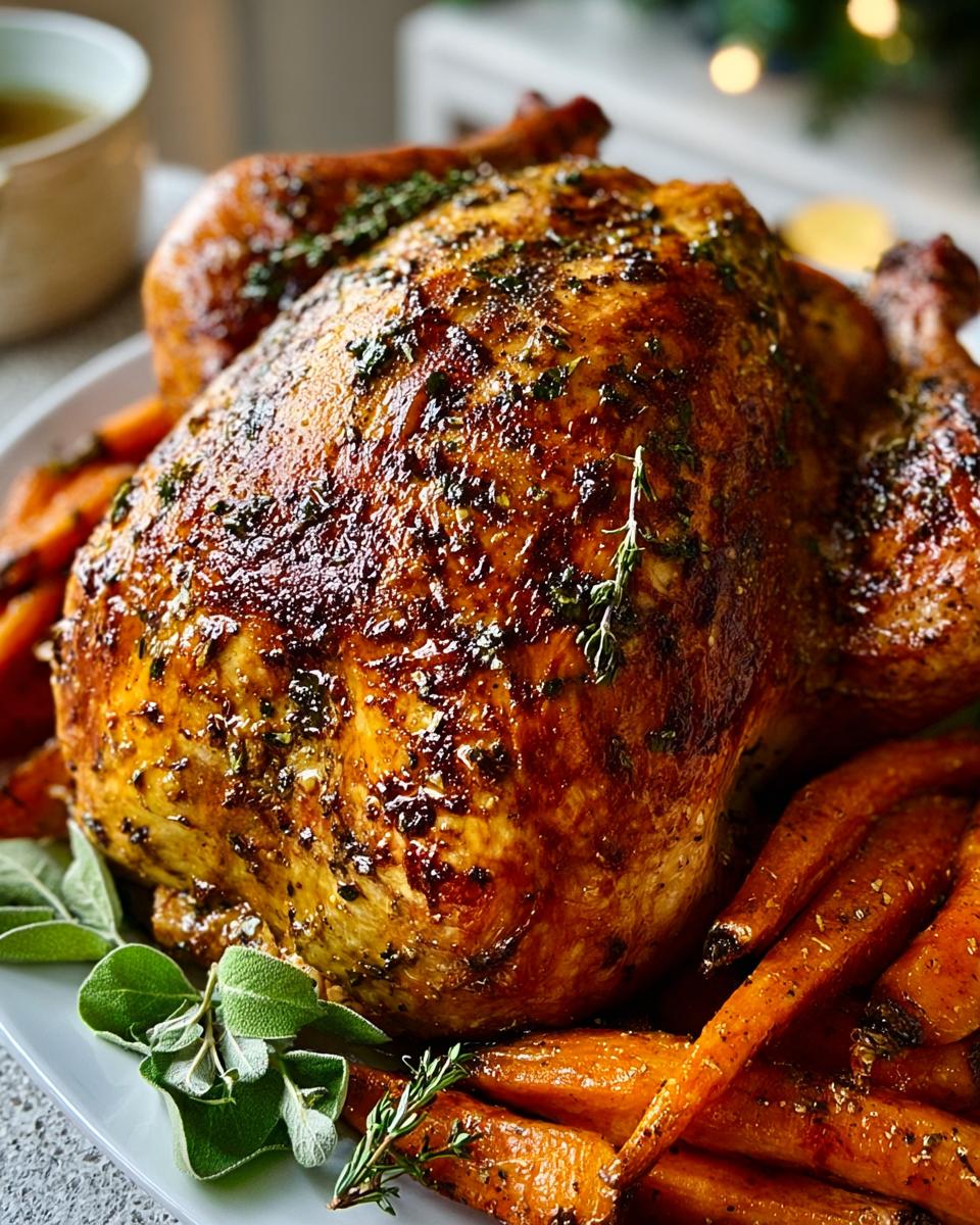 Close-up of a perfectly roasted chicken with herbs and spices, served with roasted carrots.
