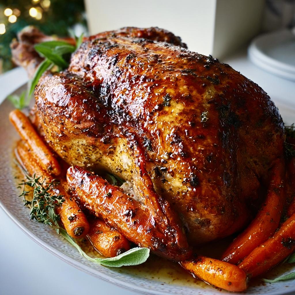 A perfectly roasted chicken with crispy, golden-brown skin, served with glazed carrots and fresh herbs.