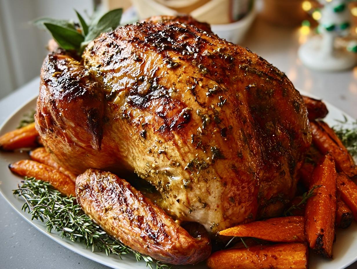 A beautifully roasted turkey with glazed skin, surrounded by roasted carrots and fresh herbs, a perfect dinner idea.