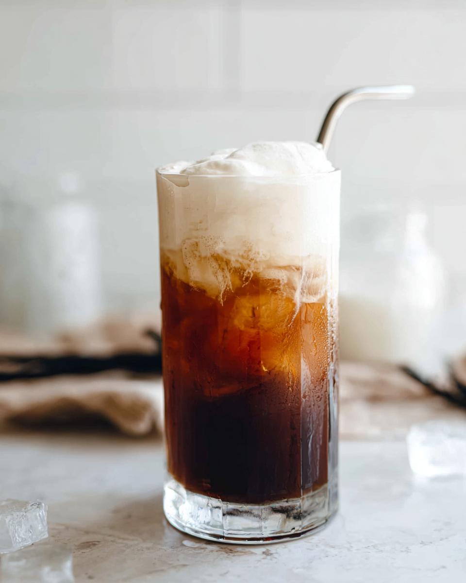 A tall glass filled with ice, dark cold brew coffee, and topped with thick Vanilla Sweet Cream Cold Foam Cold Brew.