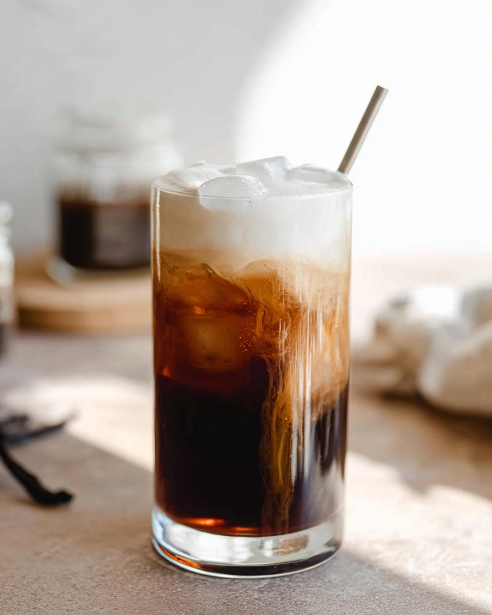 A tall glass of Vanilla Sweet Cream Cold Foam Cold Brew with ice and a straw, showing the foam layer.