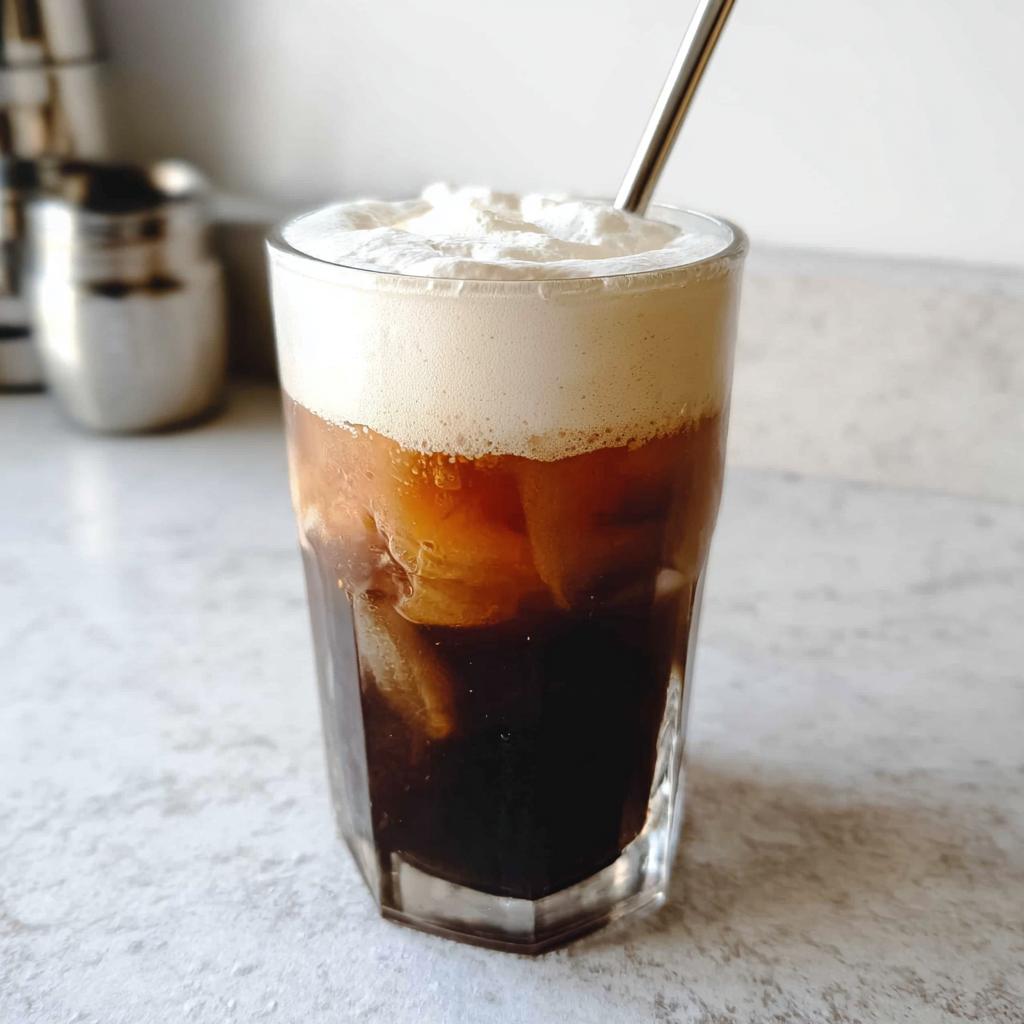 A tall glass of Vanilla Sweet Cream Cold Foam Cold Brew over ice with a metal straw.