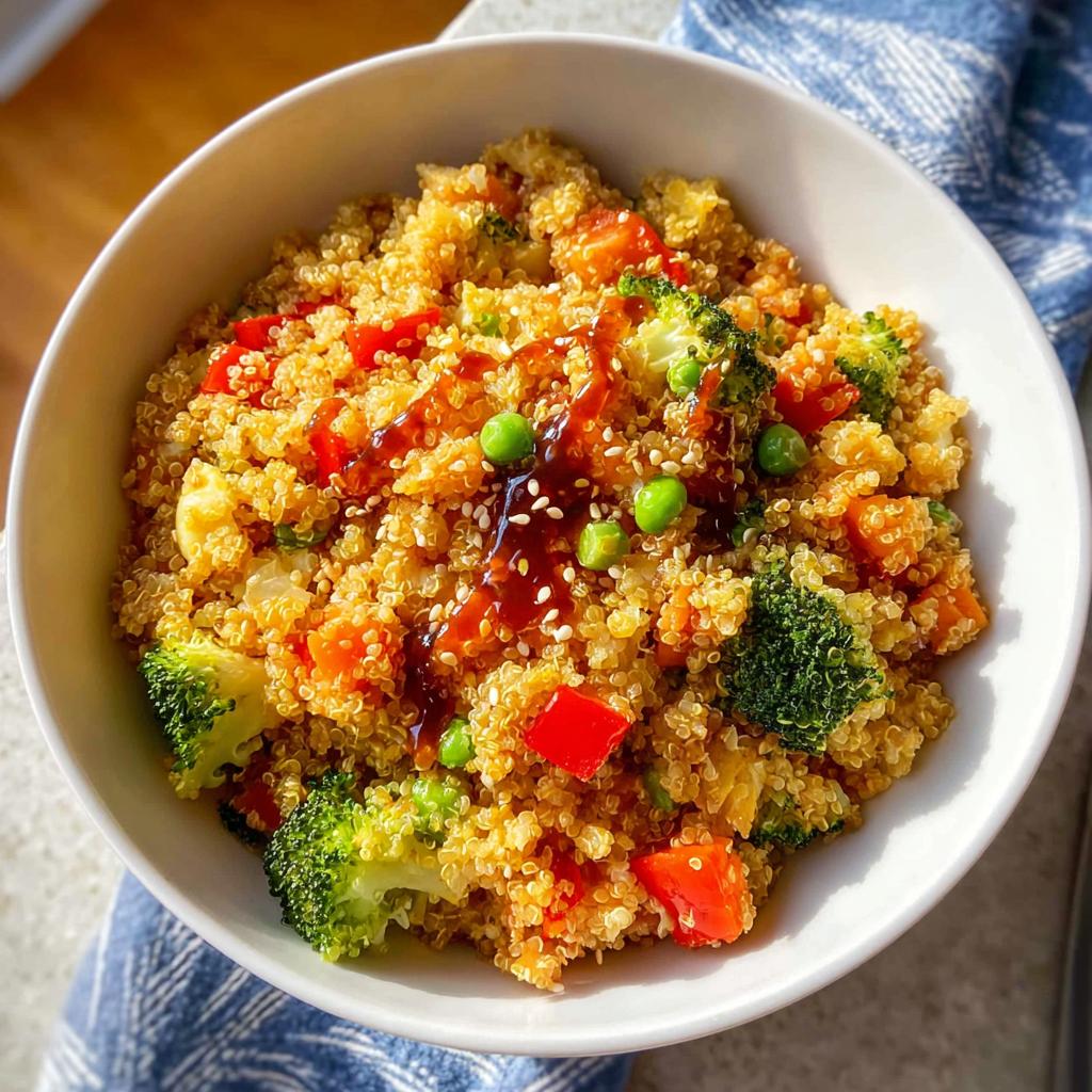 A white bowl filled with colorful Vegetable Quinoa Fried Rice, topped with sauce and sesame seeds.