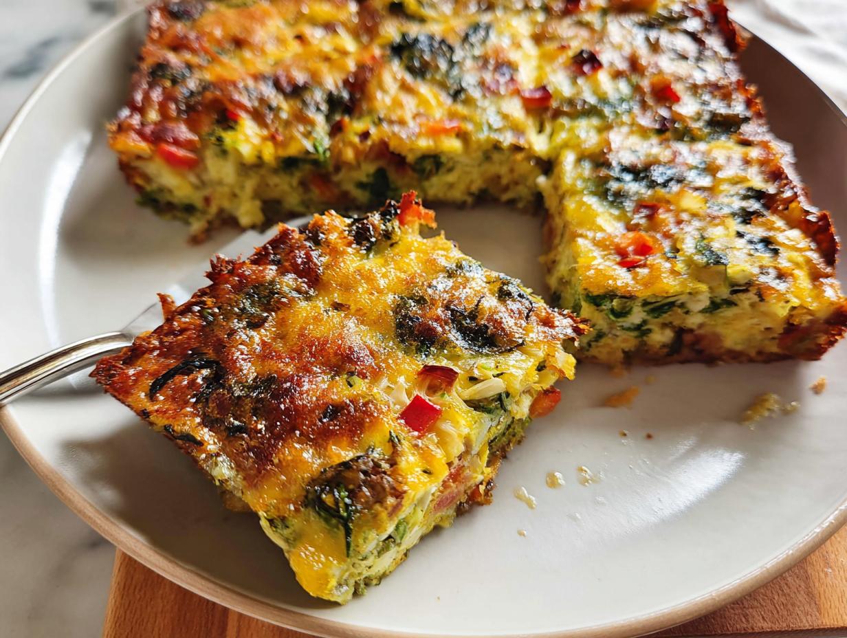 A square slice of Veggie Breakfast Casserole with spinach, peppers, and a golden, cheesy crust, served on a white plate.