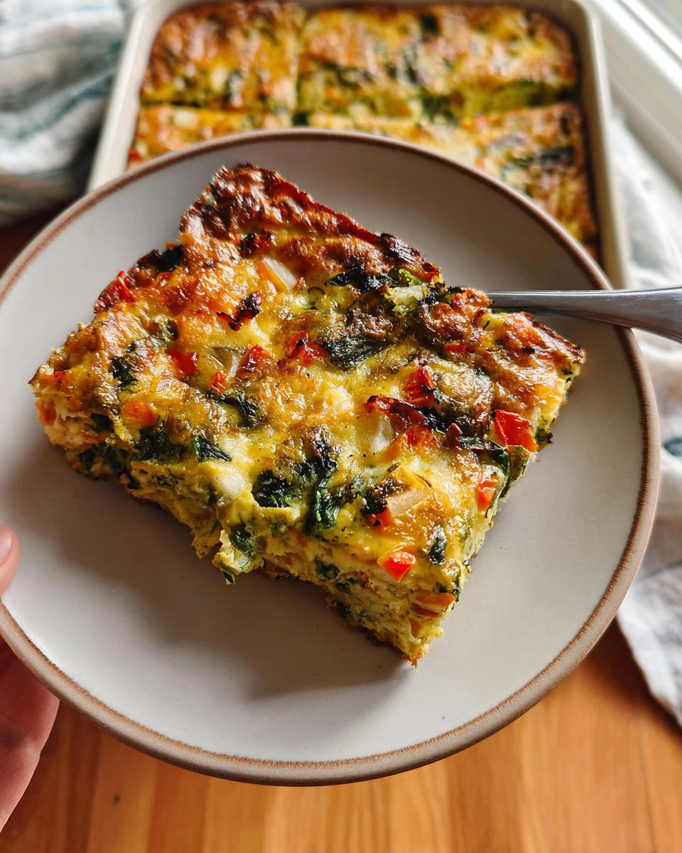 A close-up slice of Veggie Breakfast Casserole with visible spinach, peppers, and onion on a plate.