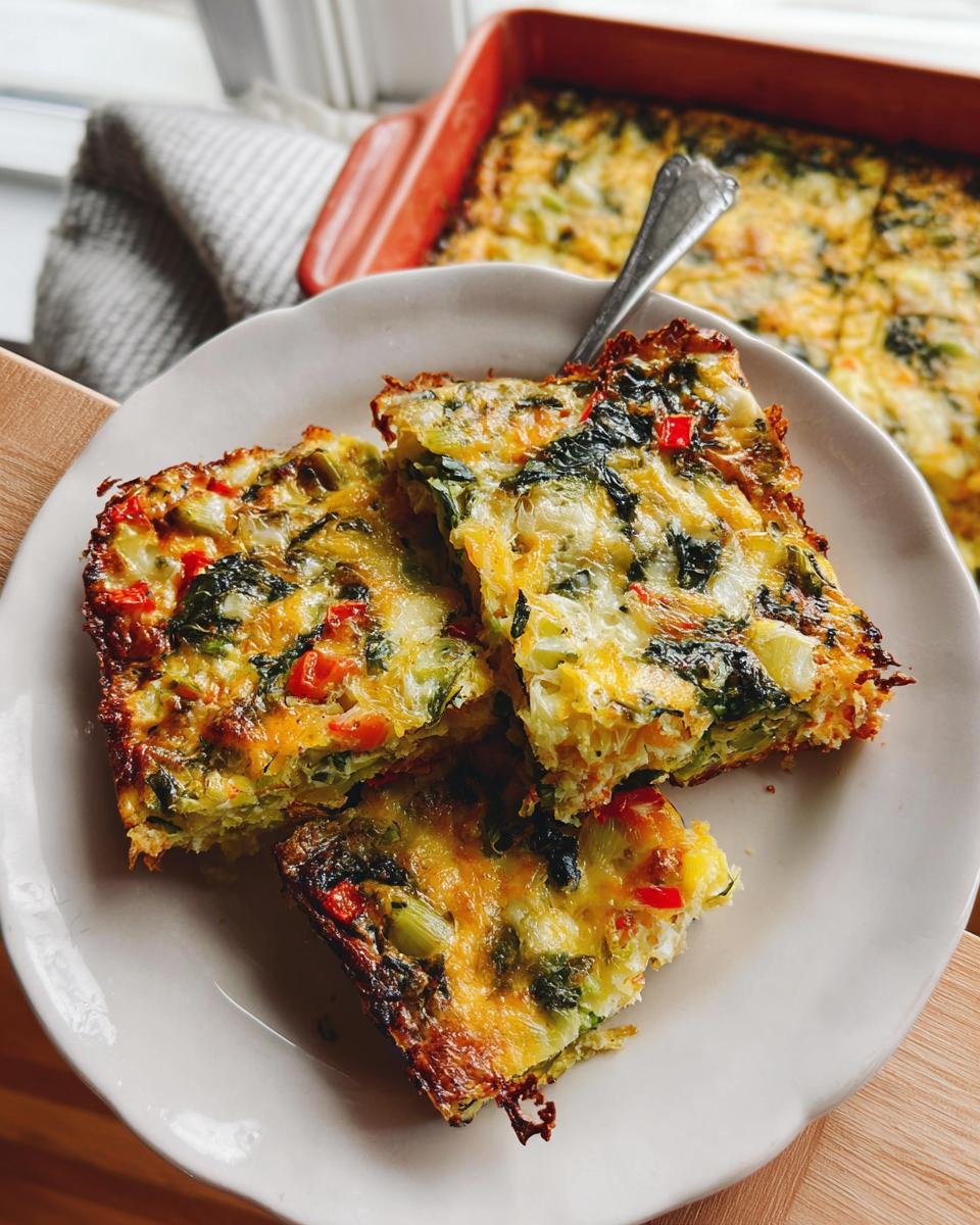 Three golden-brown slices of Veggie Breakfast Casserole featuring spinach, red pepper, and melted cheese on a white plate.