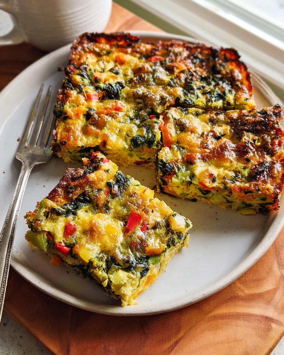 Three squares of baked Veggie Breakfast Casserole featuring spinach, red and green peppers, and melted cheese.