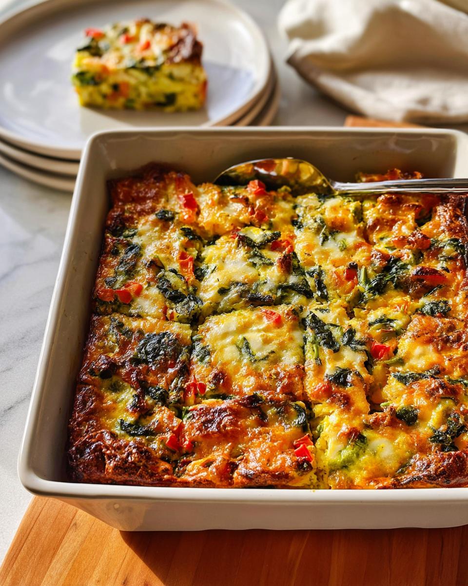 A golden-brown Veggie Breakfast Casserole with spinach and red peppers, cut into squares in a white baking dish.