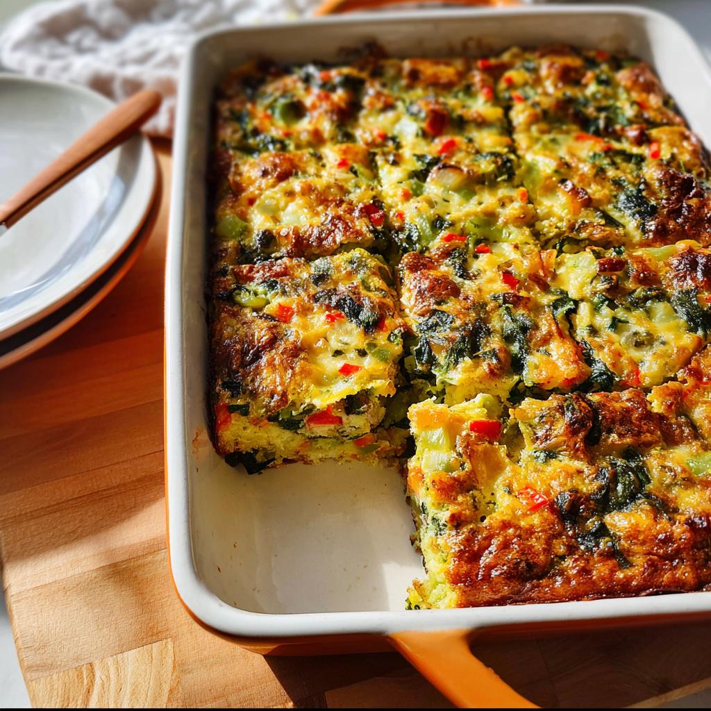 A golden-brown Veggie Breakfast Casserole baked in a white and orange dish, showing visible spinach, peppers, and onions.