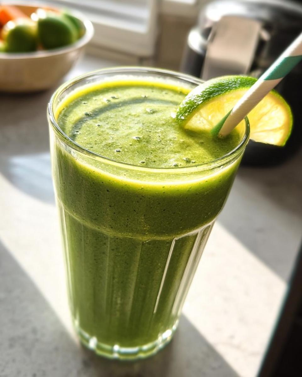 A tall glass filled with a thick, vibrant Green Detox Smoothie, garnished with a lime slice and a striped straw.