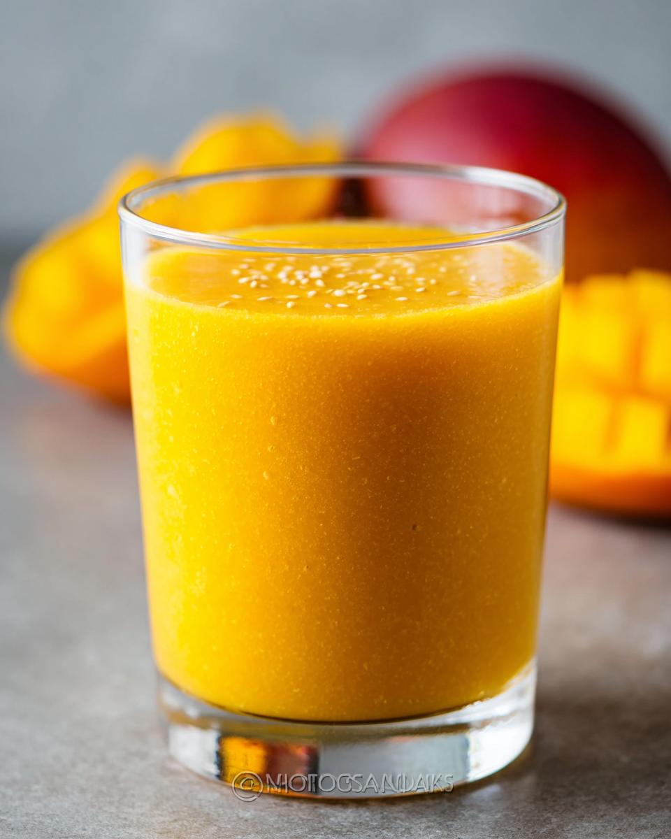 Close-up of a vibrant, thick Mango Pineapple Smoothie garnished with seeds in a clear glass.