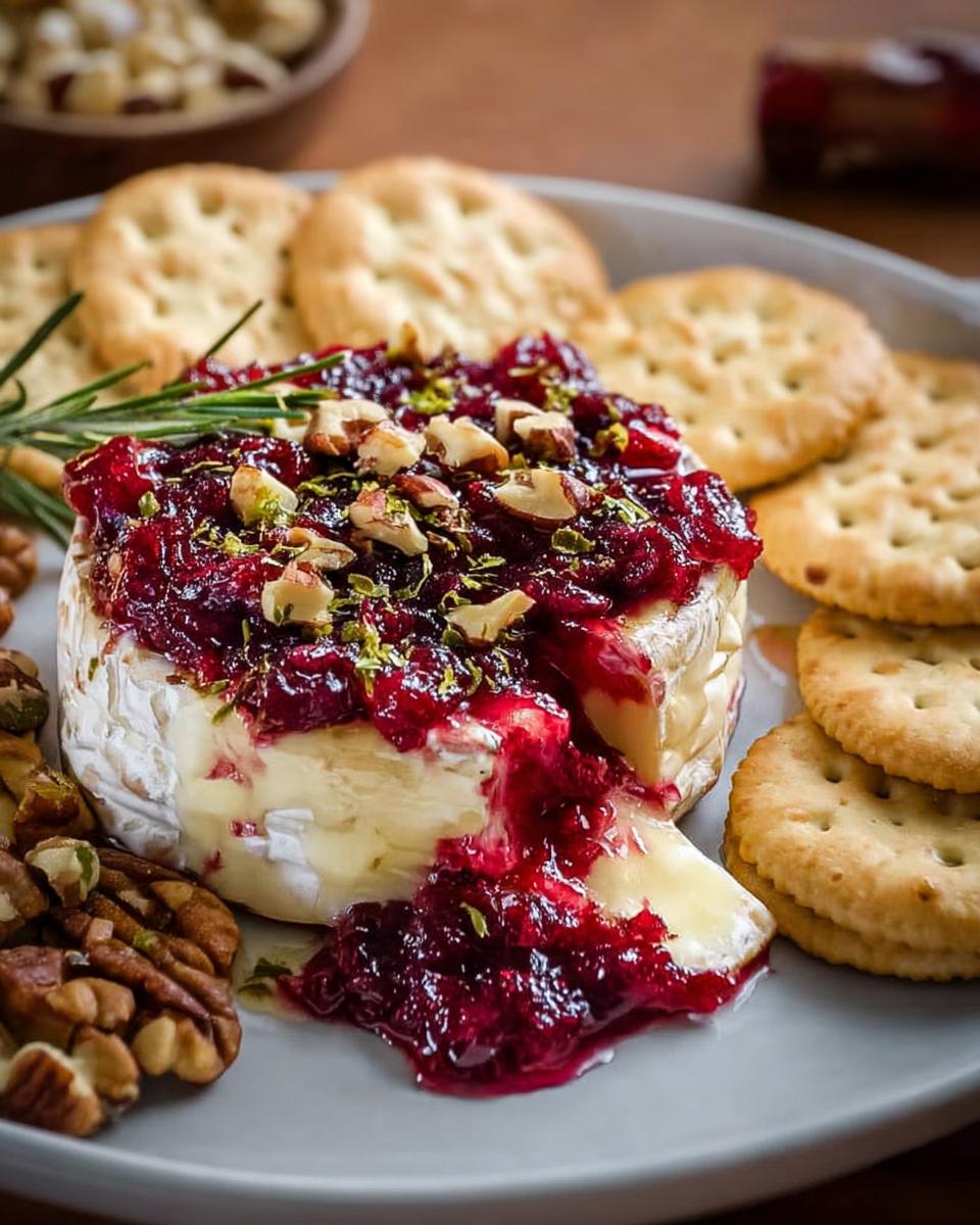 Close-up of warm baked brie topped with cranberry sauce, pecans, and rosemary, served with crackers for Cranberry Brie Bites.