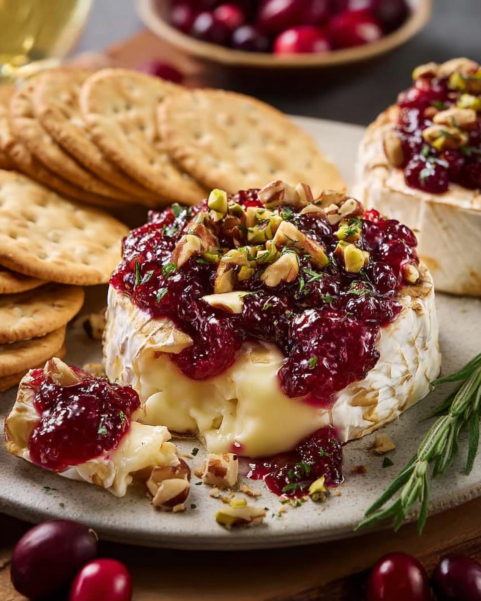 Close-up of warm Cranberry Brie Bites topped with cranberry sauce and chopped nuts, served with crackers.
