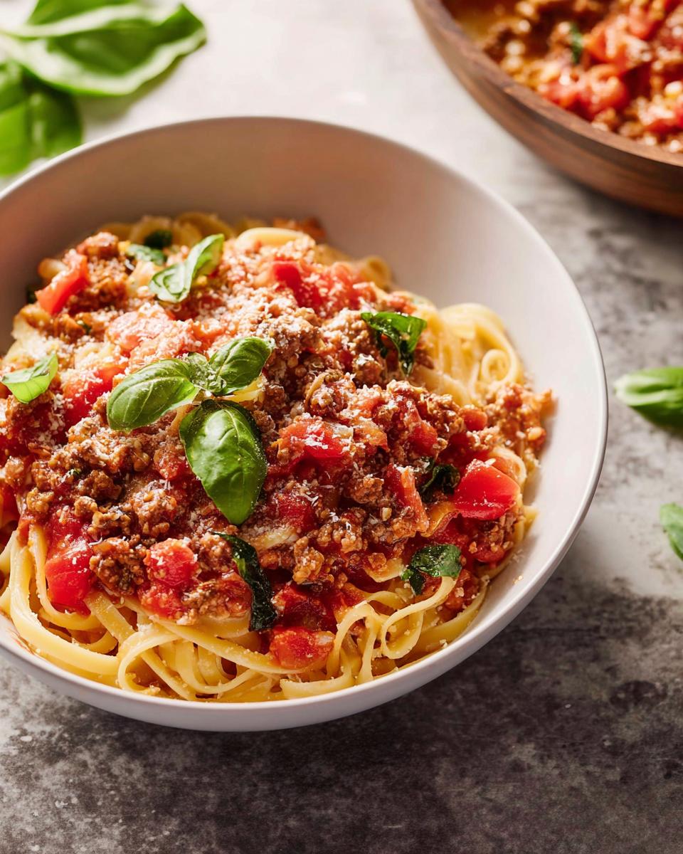 A bowl of fettuccine pasta topped with rich Turkey Bolognese sauce, fresh basil, and grated Parmesan cheese.