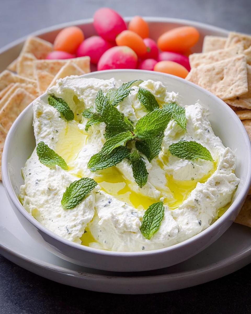 A bowl of creamy whipped feta dip topped with olive oil and fresh mint, served with crackers and radishes, perfect for NYE snacks.
