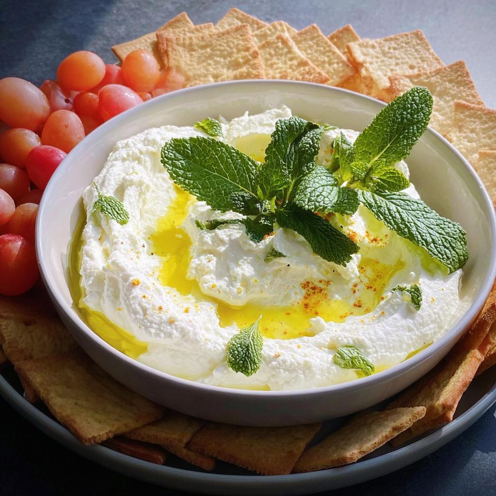 A bowl of creamy whipped feta dip drizzled with olive oil and topped with fresh mint, served with crackers and grapes, perfect for NYE snacks for a crowd.
