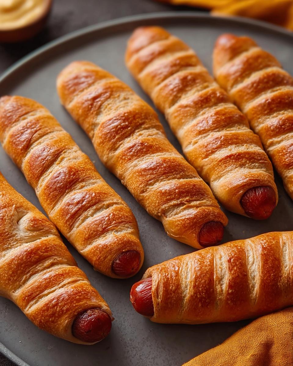 A close-up of several golden-brown Whole-Wheat Mummy Dogs arranged on a dark plate, with the ends of the hot dogs peeking out.