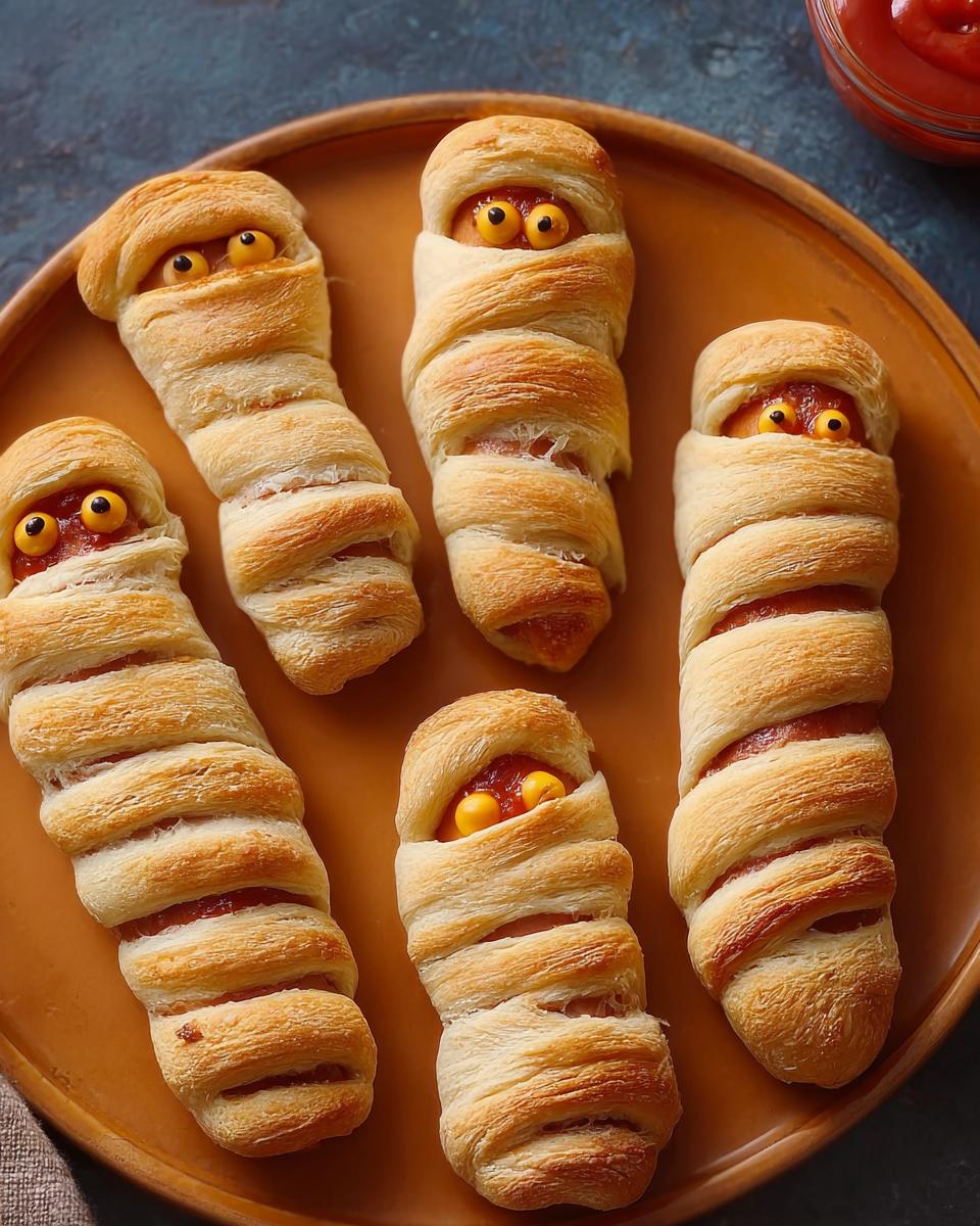 Five whole-wheat mummy dogs wrapped in pastry dough with candy eyes peeking out, arranged on a brown plate.