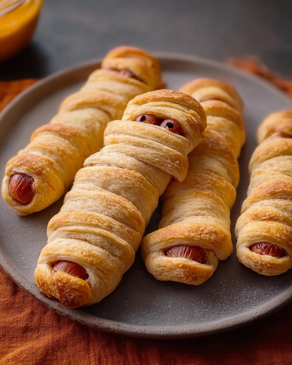 Close-up of golden-brown Whole-Wheat Mummy Dogs (Lighter) wrapped in dough, with visible hot dog ends and 'eyes'.