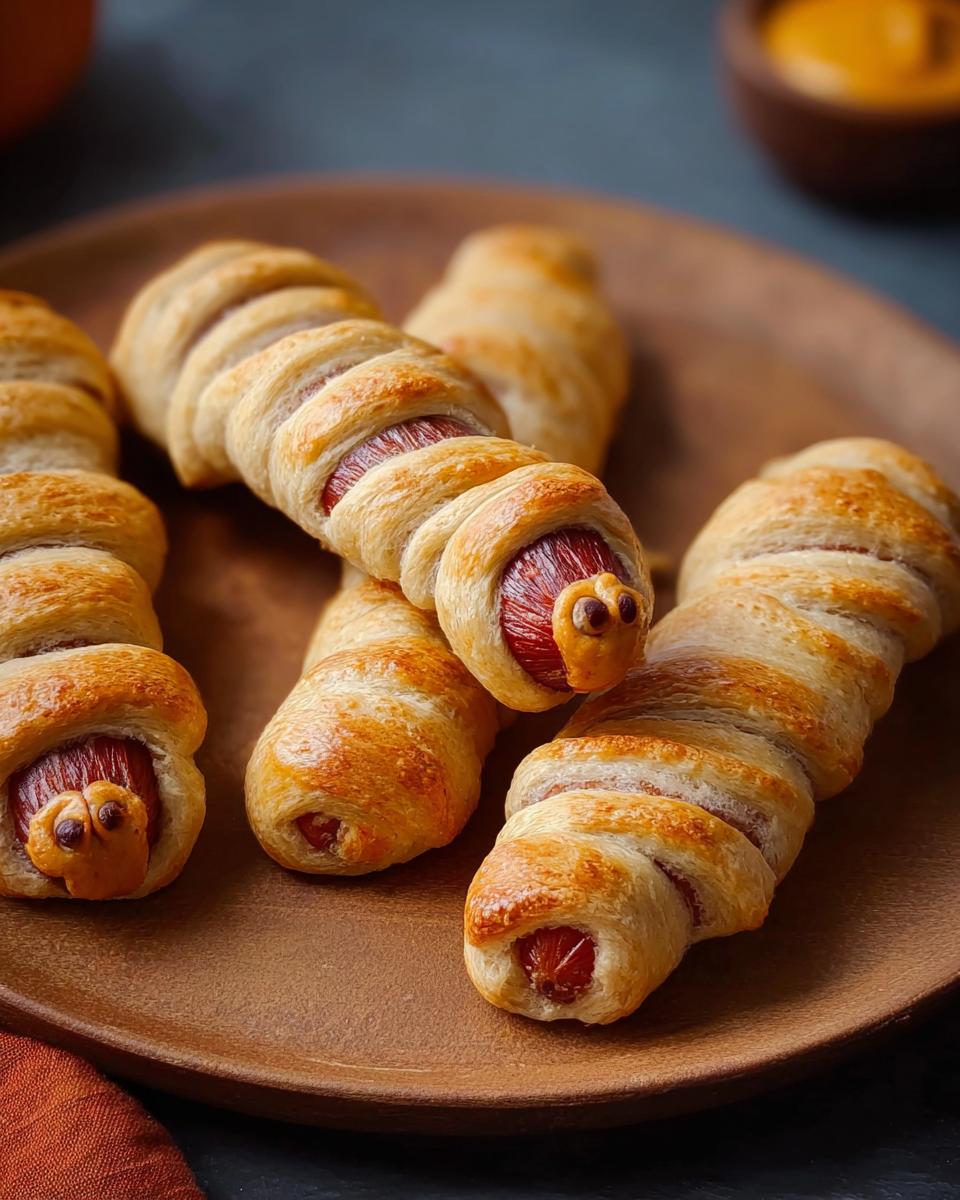 Close-up of golden-brown Whole-Wheat Mummy Dogs (Lighter) wrapped in pastry dough with edible eyes.