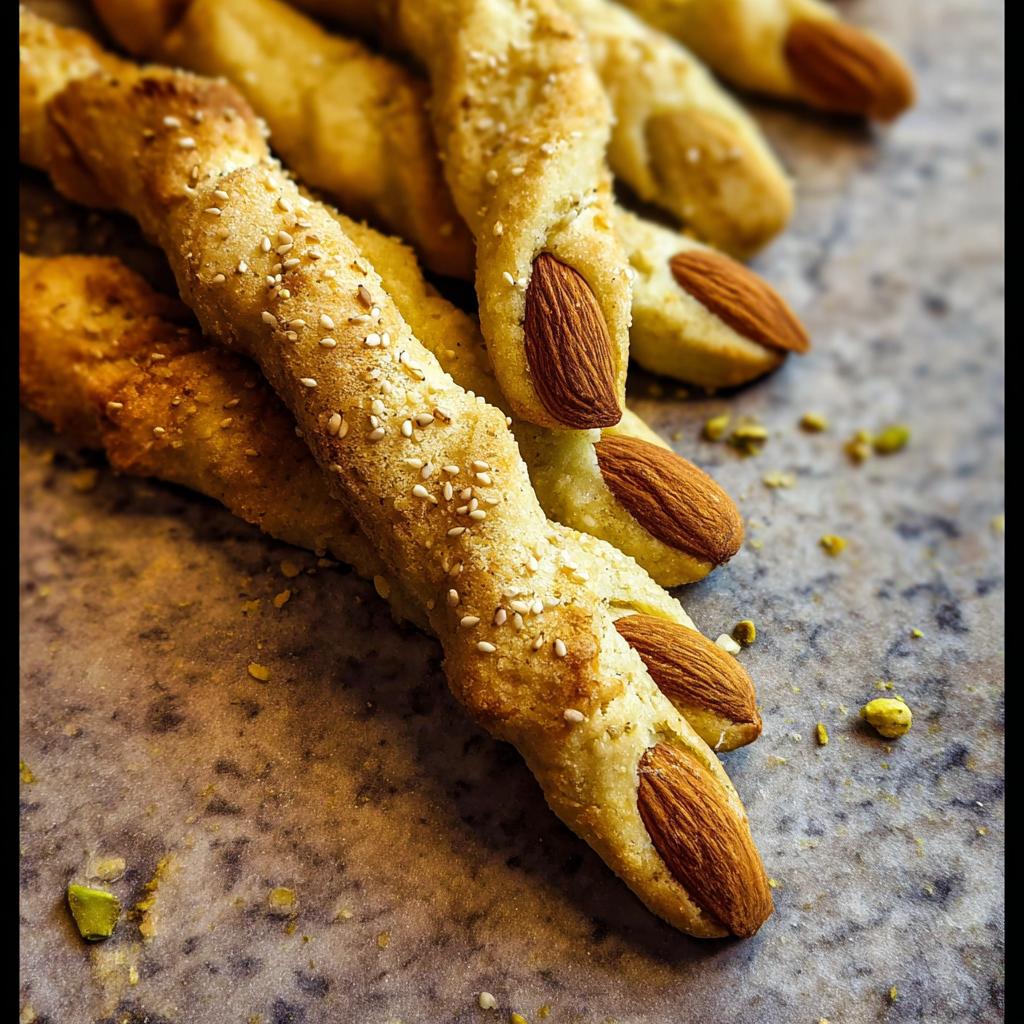 Close-up of baked Witch-Finger Breadsticks with almonds for fingernails and sesame seeds.
