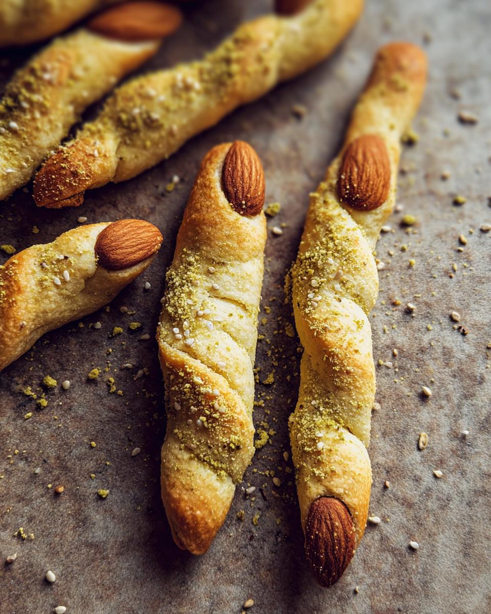 Close-up of twisted Witch-Finger Breadsticks, each topped with an almond 'fingernail' and sprinkled with green seasoning.