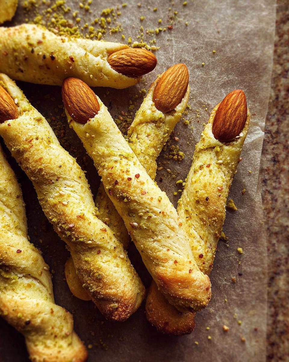 Close-up of spooky Witch-Finger Breadsticks, each topped with an almond 'fingernail' and coated in green pistachio crumbs.