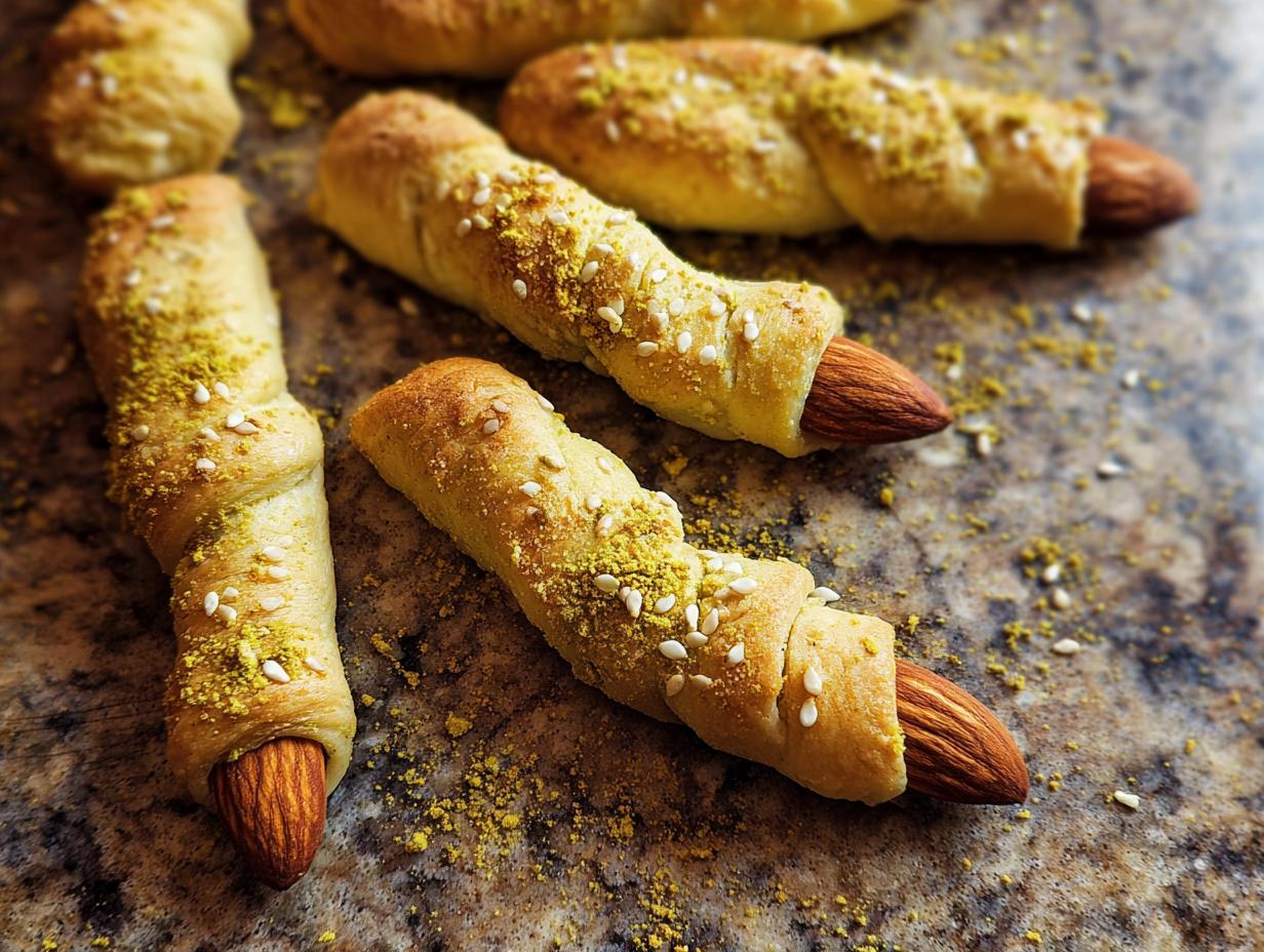 Close-up of golden-brown Witch-Finger Breadsticks, each topped with sesame seeds and crushed pistachios, with an almond protruding from the end.