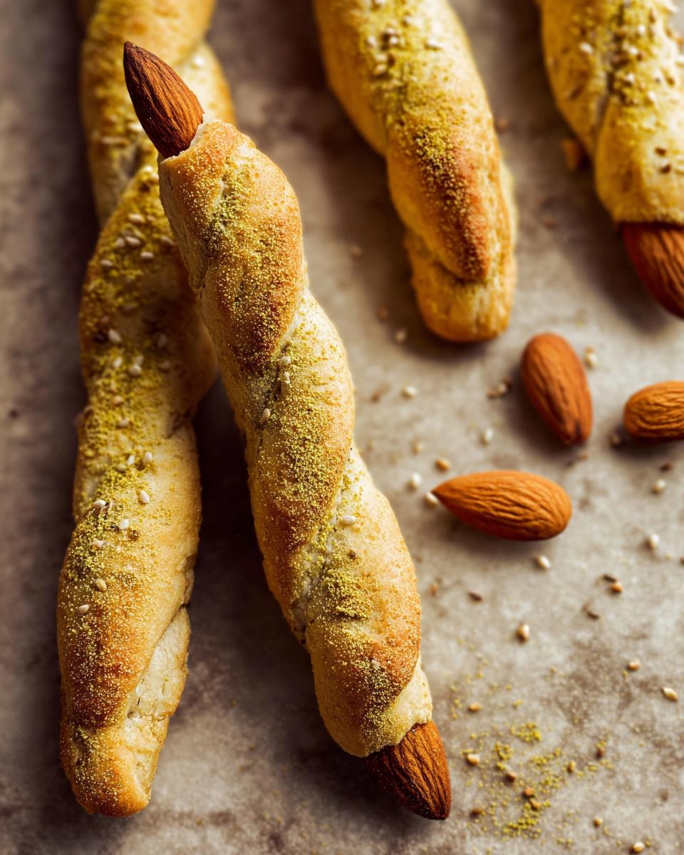 Close-up of twisted Witch-Finger Breadsticks, each with an almond for a fingernail, sprinkled with green seasoning and sesame seeds.