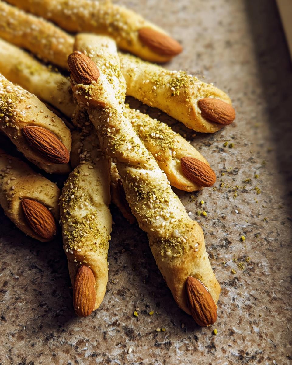 Close-up of golden-brown Witch-Finger Breadsticks, each topped with an almond 'fingernail' and sprinkled with herbs and sesame seeds.