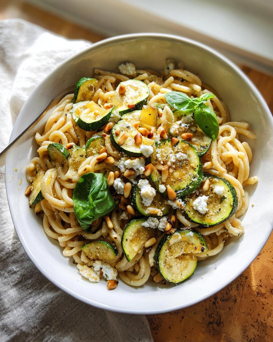 A bowl of pasta with sliced zucchini, crumbled feta cheese, pine nuts, and basil, perfect for dinner ideas.