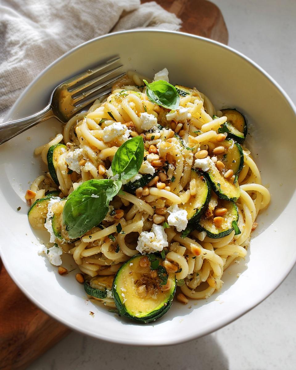A bowl of pasta with zucchini, feta cheese, pine nuts, and basil, perfect for quick dinner ideas.