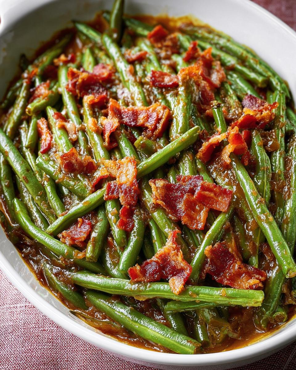 Close-up of vibrant green beans coated in a savory sauce and topped with crispy bacon pieces, part of the 5-Ingredients Crack Green Beans recipe.