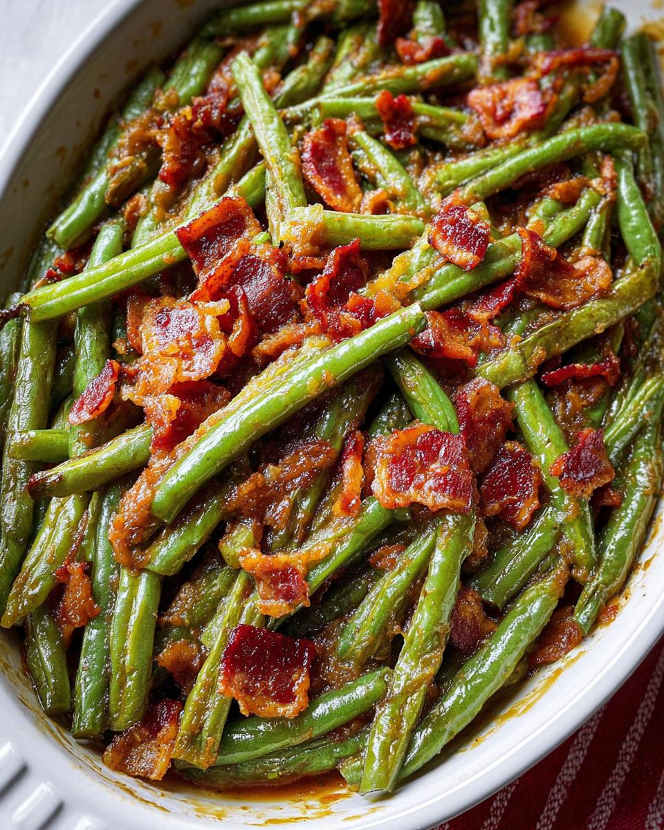 Close-up of glossy green beans coated in a savory sauce and topped with crispy bacon pieces, ready to serve.