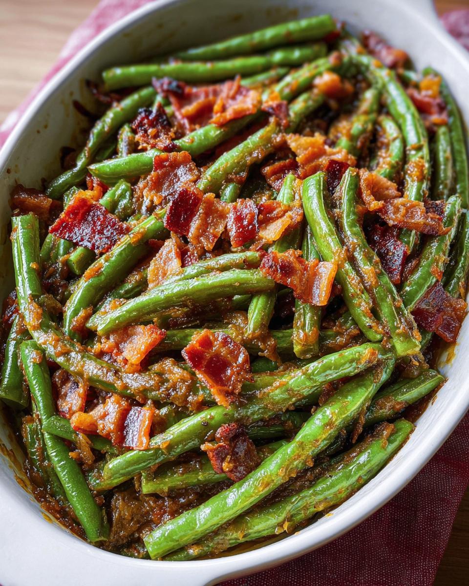 Close-up of vibrant green beans coated in a savory sauce and topped with crispy bacon pieces, featuring 5-Ingredients Crack Green Beans.