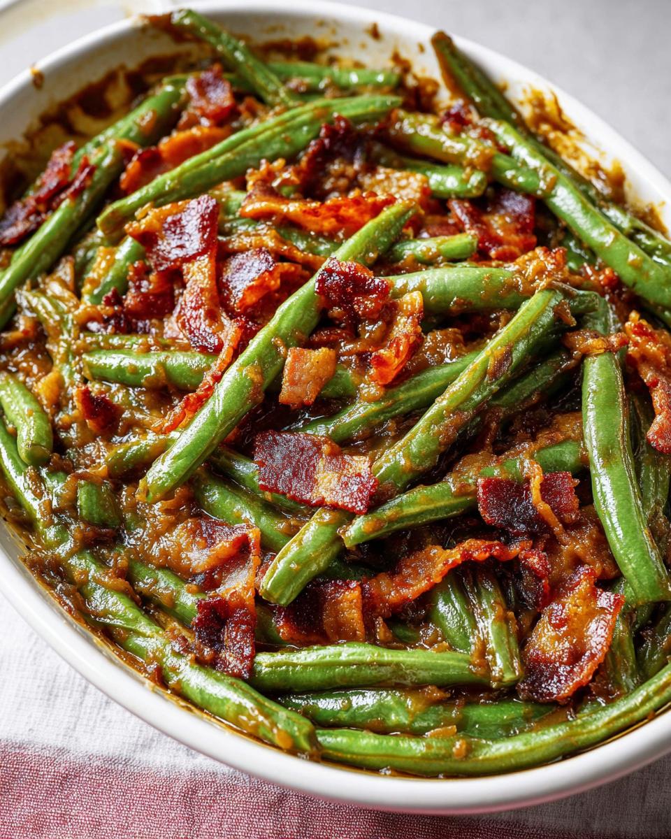 Close-up of vibrant green beans coated in a savory sauce and topped with crispy bacon pieces, part of the 5-Ingredients Crack Green Beans recipe.