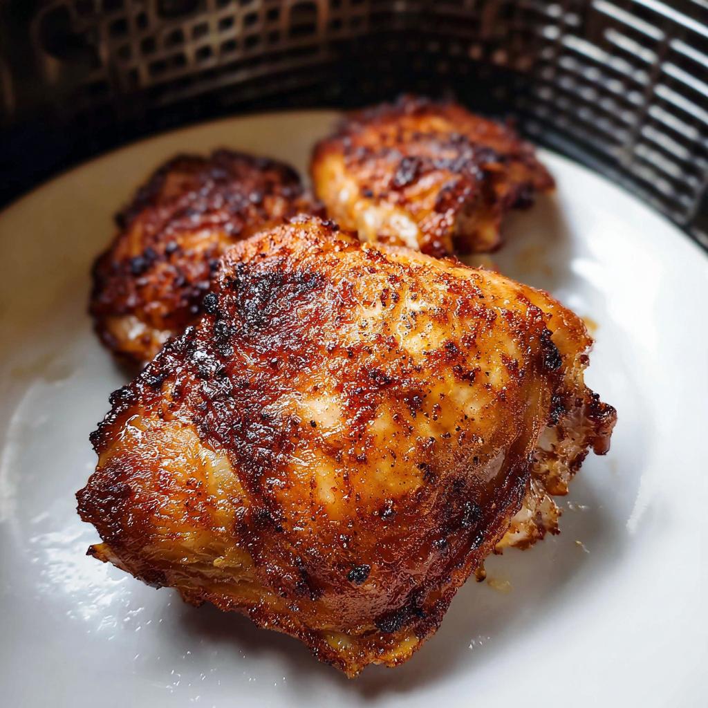 Close-up of three perfectly cooked Air Fryer Crispy Chicken Thighs with golden-brown, seasoned skin on a white plate.