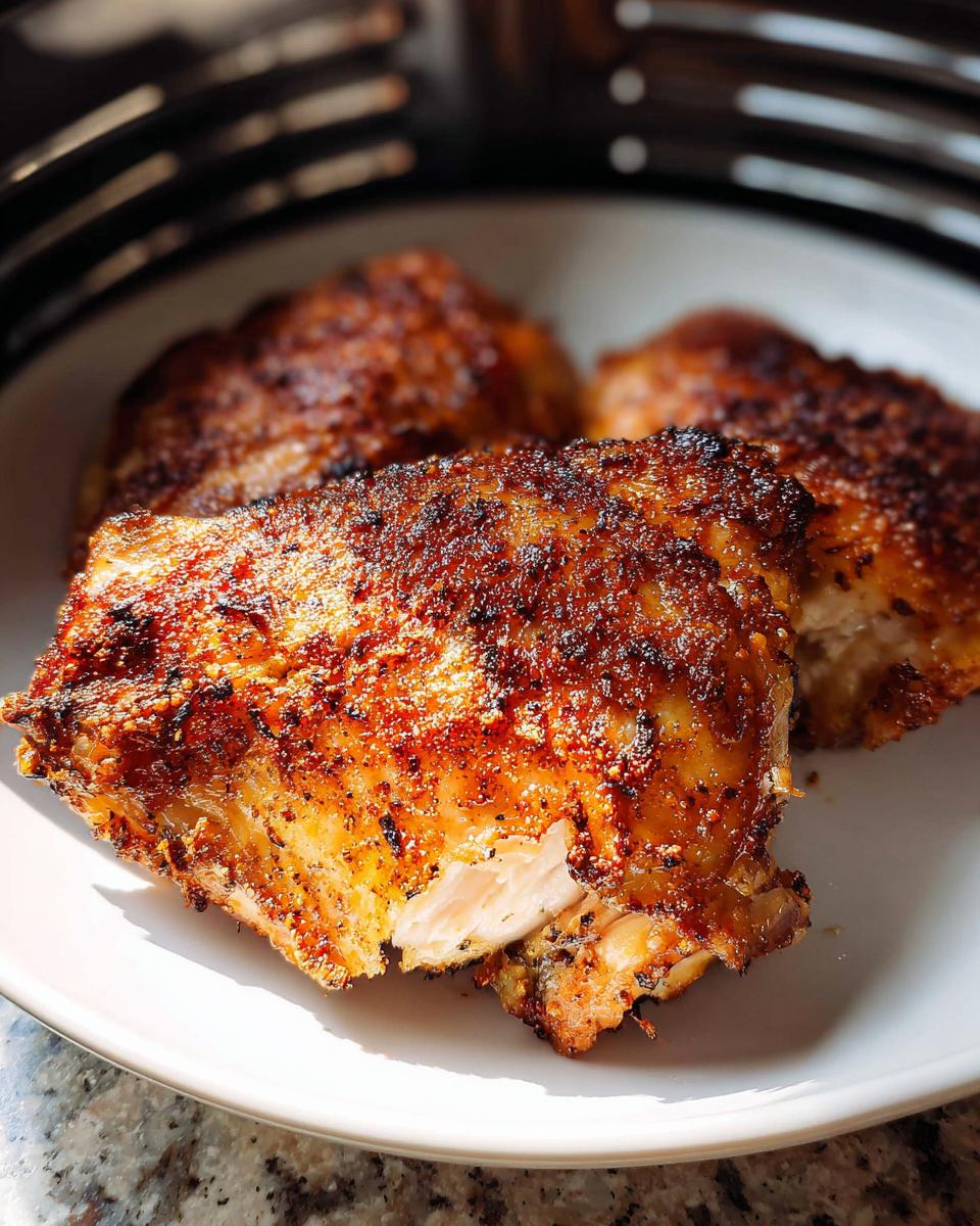 Close-up of three perfectly cooked Air Fryer Crispy Chicken Thighs with dark, seasoned skin on a white plate.