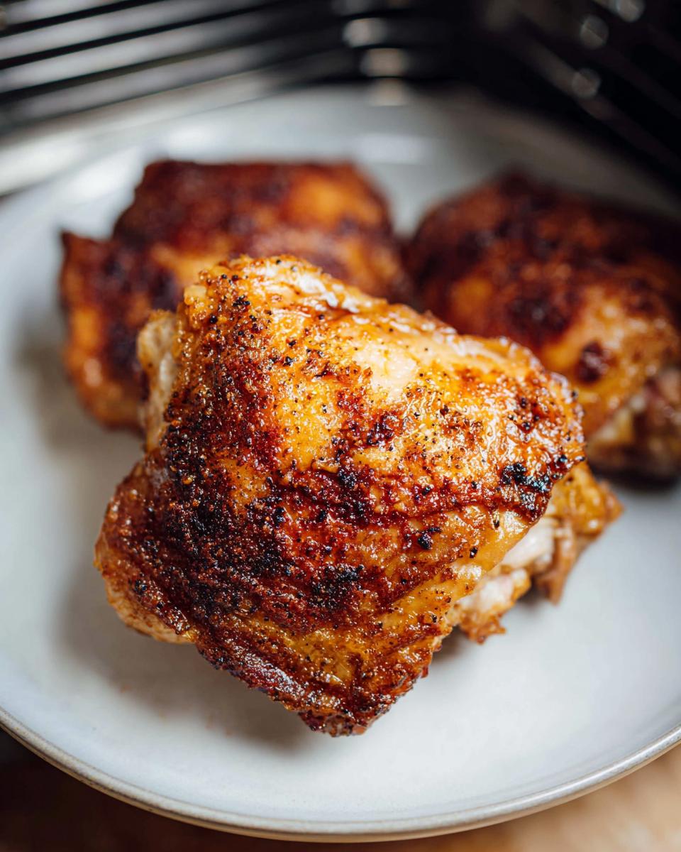 Close-up of a perfectly cooked Air Fryer Crispy Chicken Thighs piece with golden-brown, seasoned skin.