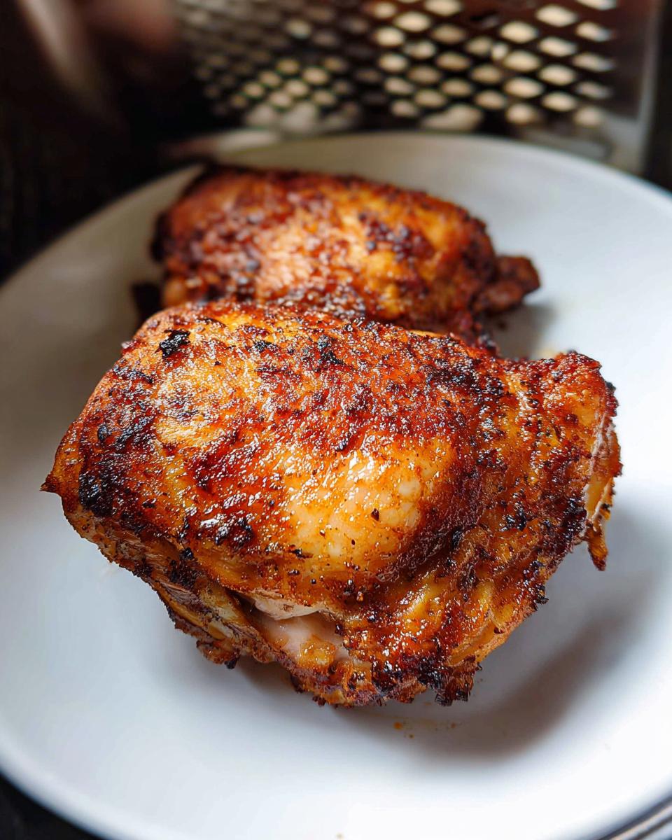 Close-up of two golden brown, seasoned Air Fryer Crispy Chicken Thighs resting on a white plate.