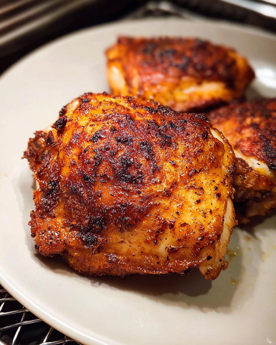 Close-up of perfectly cooked Air Fryer Crispy Chicken Thighs with dark, seasoned, crispy skin.