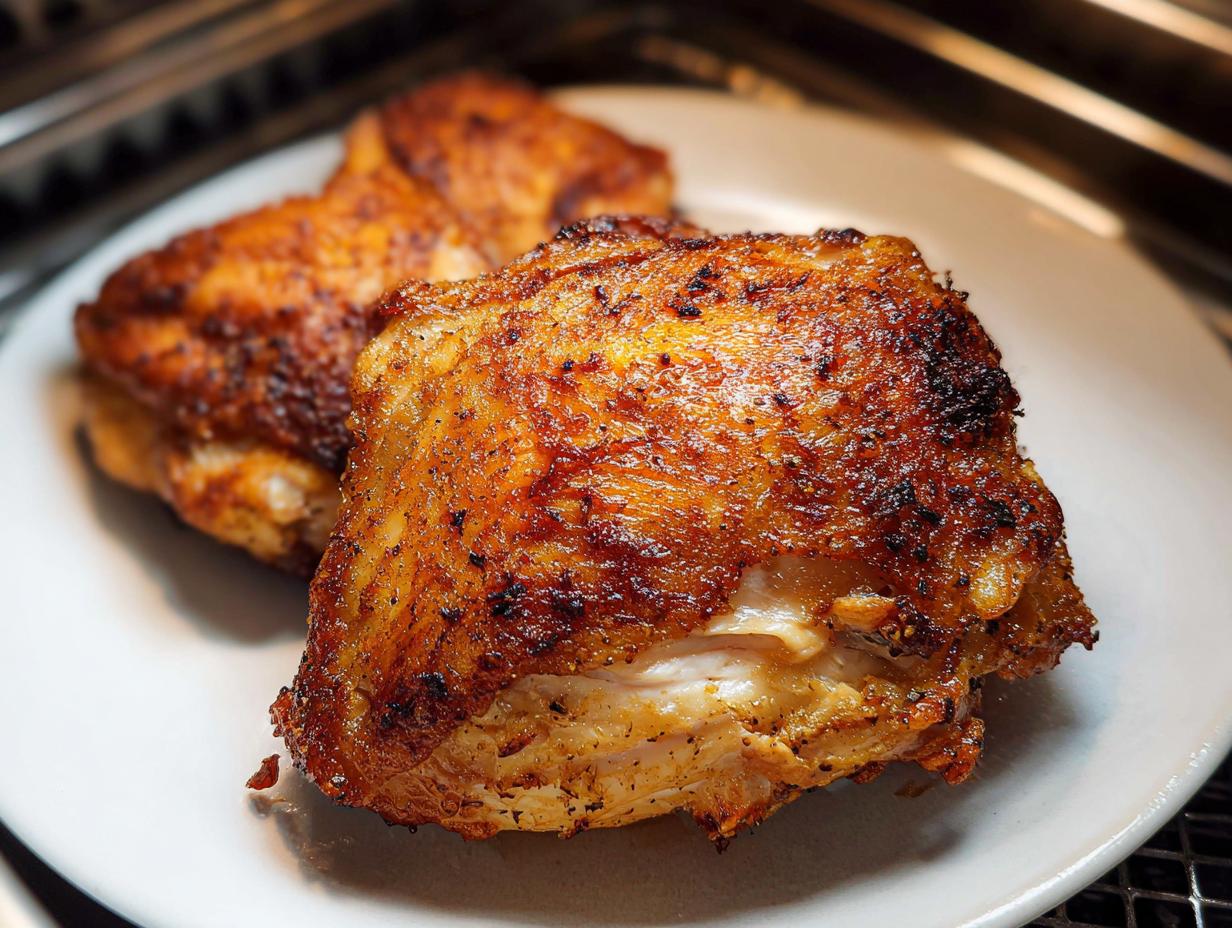 Close-up of two perfectly cooked Air Fryer Crispy Chicken Thighs with golden-brown, seasoned skin.
