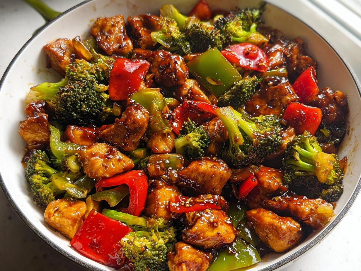 A close-up overhead view of glistening Teriyaki Chicken Stir Fry with broccoli and colorful bell peppers in a white skillet.