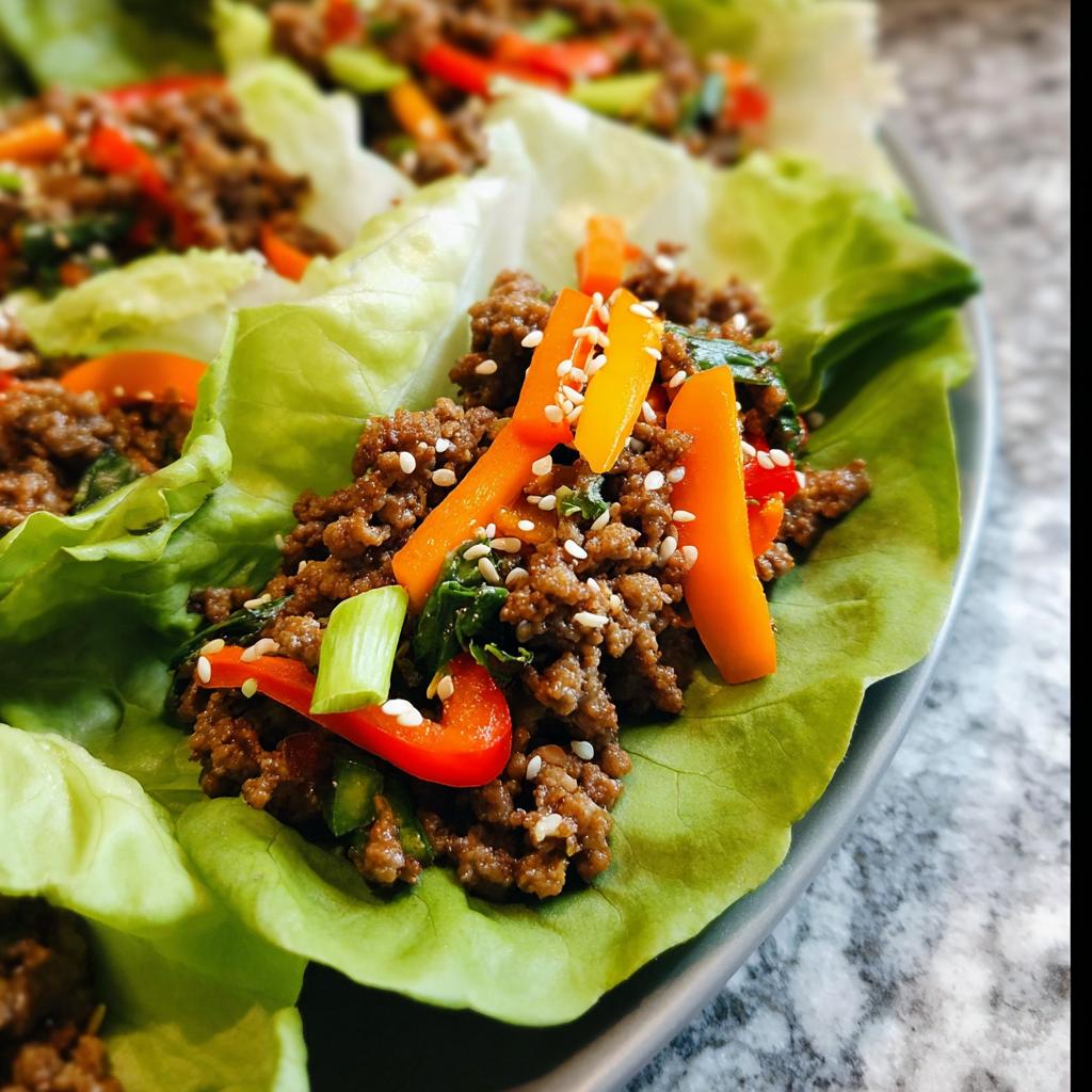 A close-up view of Asian Ground Beef Lettuce Wraps filled with savory ground meat, topped with julienned peppers and sesame seeds.
