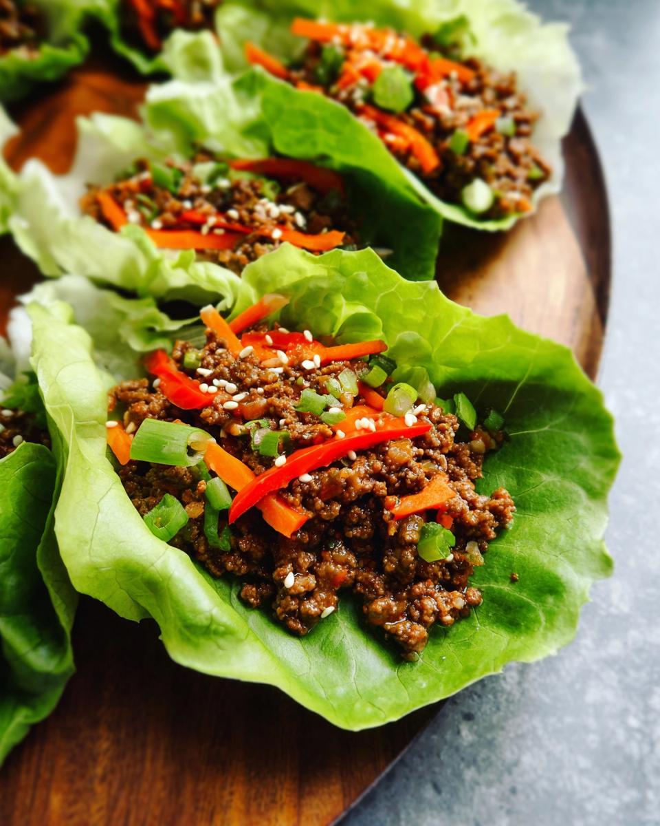 Close-up of fresh Asian Ground Beef Lettuce Wraps filled with savory meat and topped with carrots and green onions.